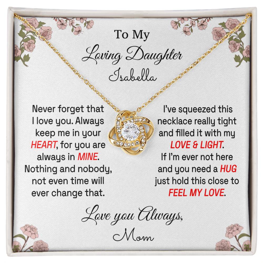 Daughter - Feel My Love - Personalized Message Card - Love Knot Necklace - From Mom Jewelry