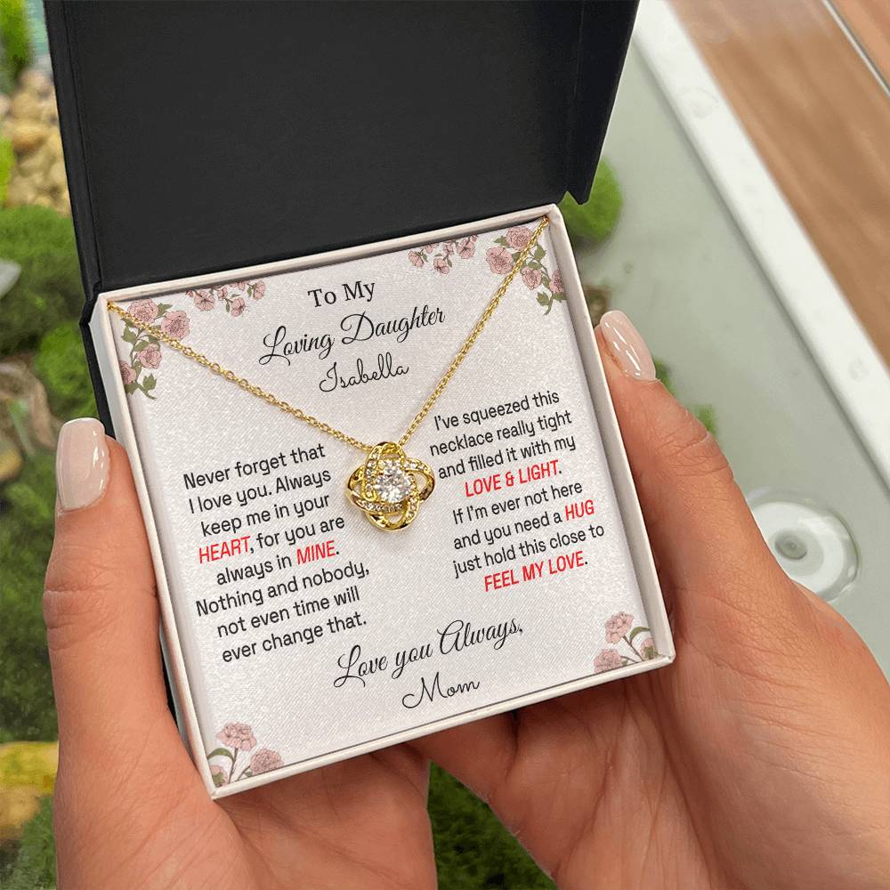 Daughter - Feel My Love - Personalized Message Card - Love Knot Necklace - From Mom 18K Yellow Gold Finish Standard Box Jewelry
