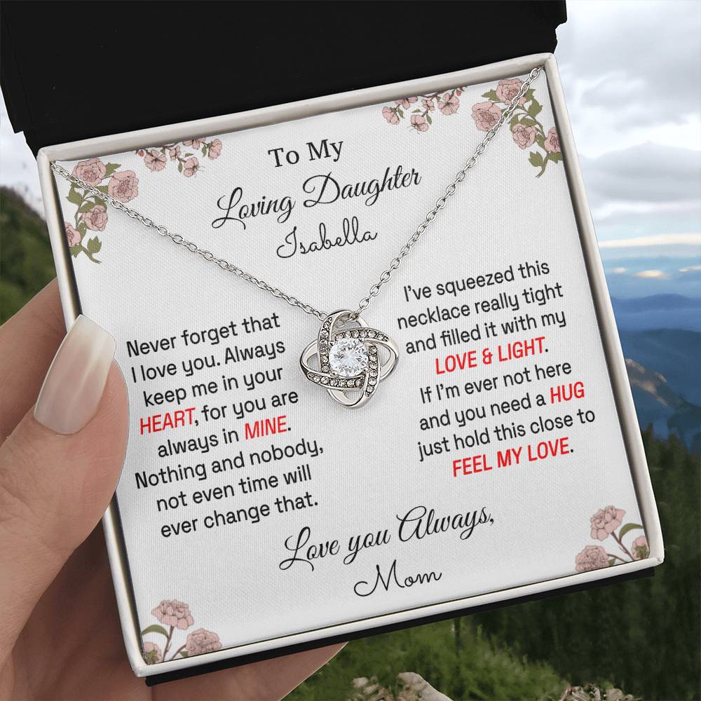 Daughter - Feel My Love - Personalized Message Card - Love Knot Necklace - From Mom 14K White Gold Finish Standard Box Jewelry