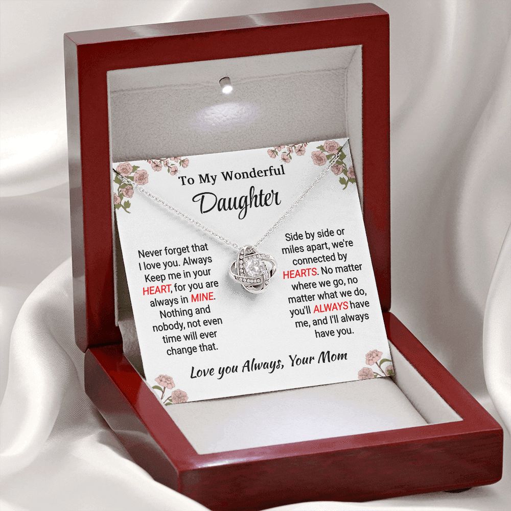 Daughter - In My Heart - Love Knot necklace - From Mom 14K White Gold Finish Luxury Box Jewelry