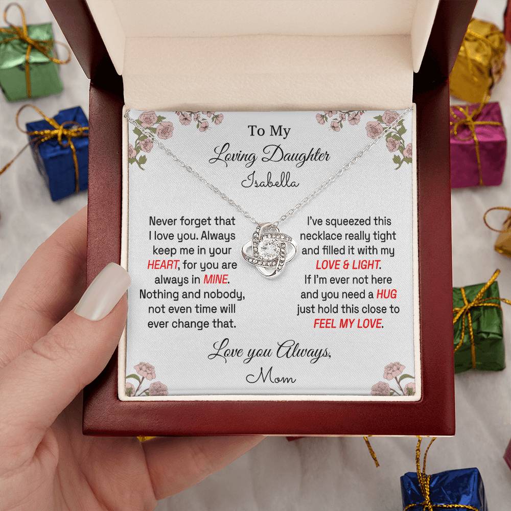 Daughter - Feel My Love - Personalized Message Card - Love Knot Necklace - From Mom 14K White Gold Finish Luxury Box Jewelry