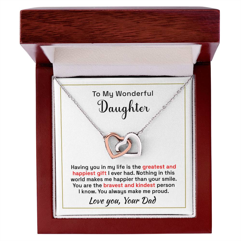 Daughter - Greatest and Happiest Gift - Interlocking Hearts Necklace - From dad Polished Stainless Steel & Rose Gold Finish Luxury Box Jewelry