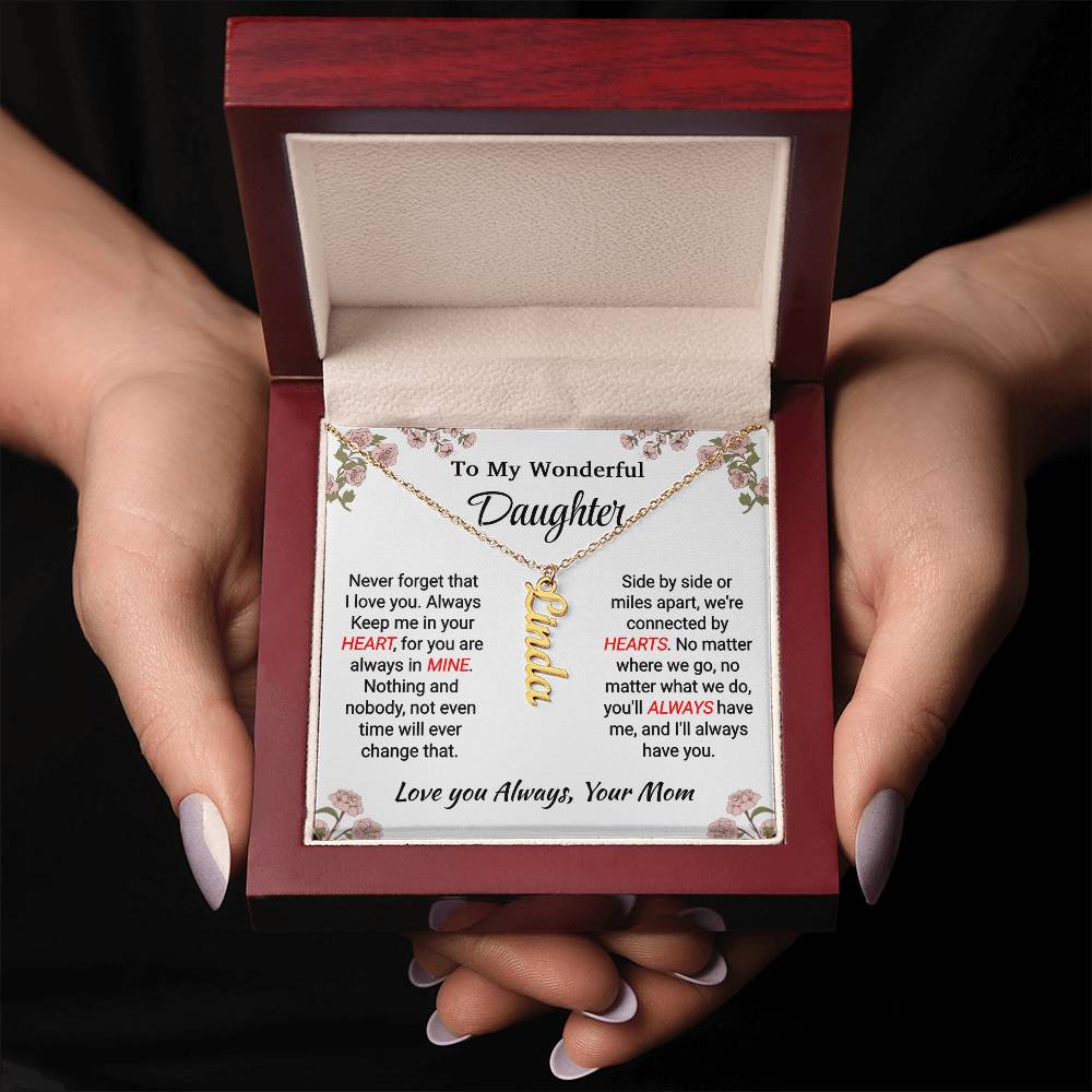 Daughter - In My Heart - Vertical Name Necklace - From Mom 18k Yellow Gold Finish Luxury Box Jewelry