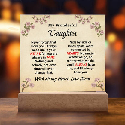Daughter - With All My Heart - Square Acrylic Plaque - From Mom Wooden Base Jewelry