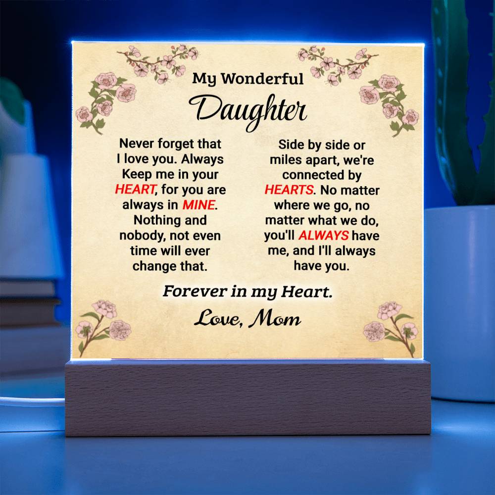 Daughter - Forever In My Heart - Square Acrylic Plaque - From Mom - Gold Jewelry