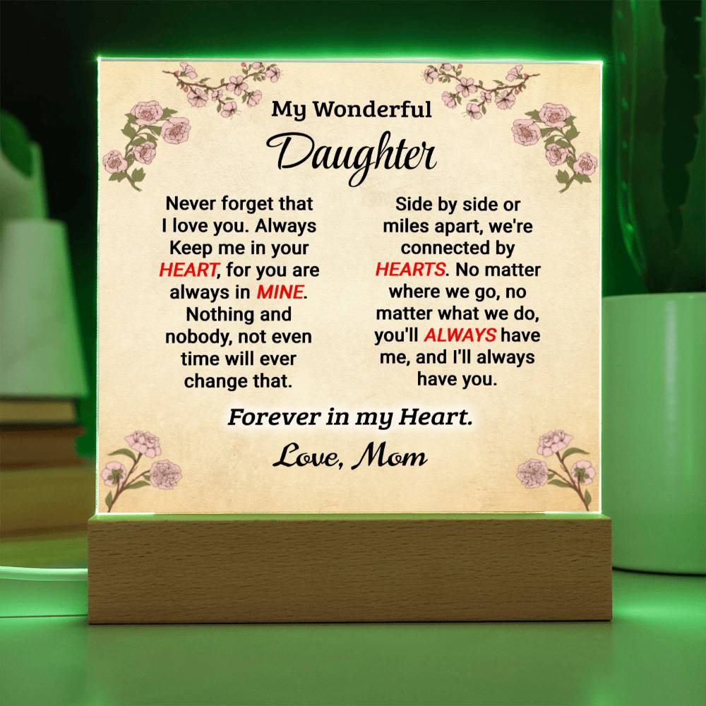 Daughter - Forever In My Heart - Square Acrylic Plaque - From Mom - Gold Acrylic Square with LED Base Jewelry