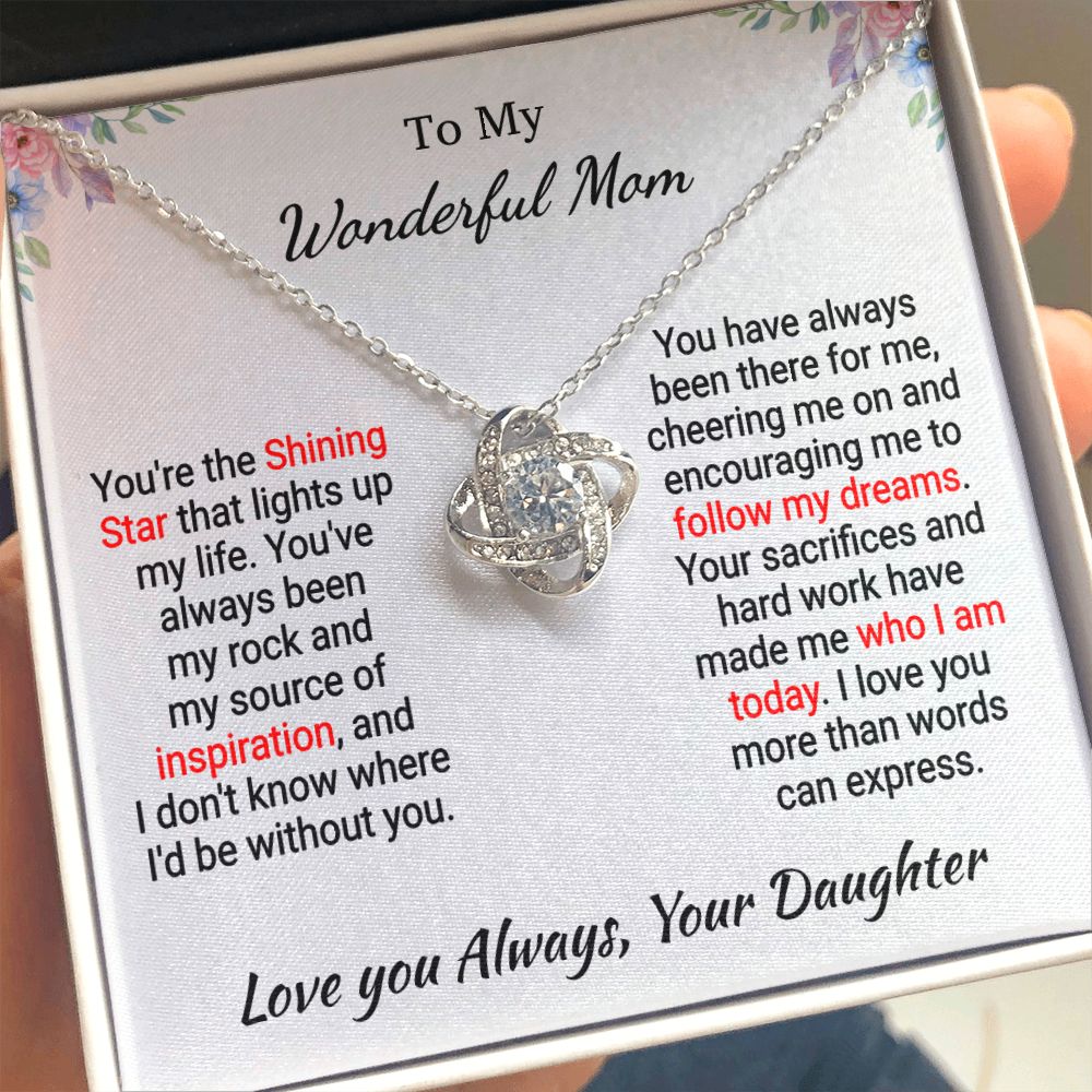 Mom - My Shining Star - Love Knot Necklace - From Daughter - Mothers Day Gift 14K White Gold Finish Standard Box Jewelry
