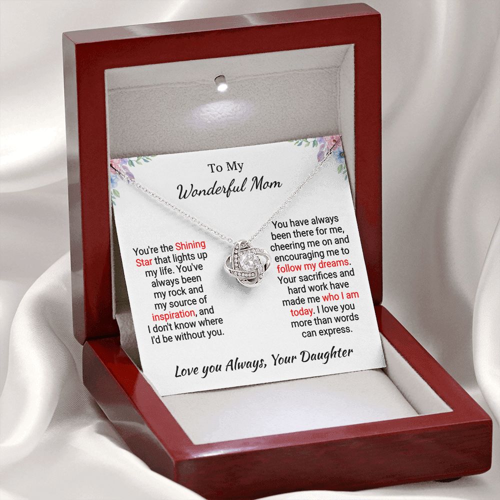 Mom - My Shining Star - Love Knot Necklace - From Daughter - Mothers Day Gift 14K White Gold Finish Luxury Box Jewelry