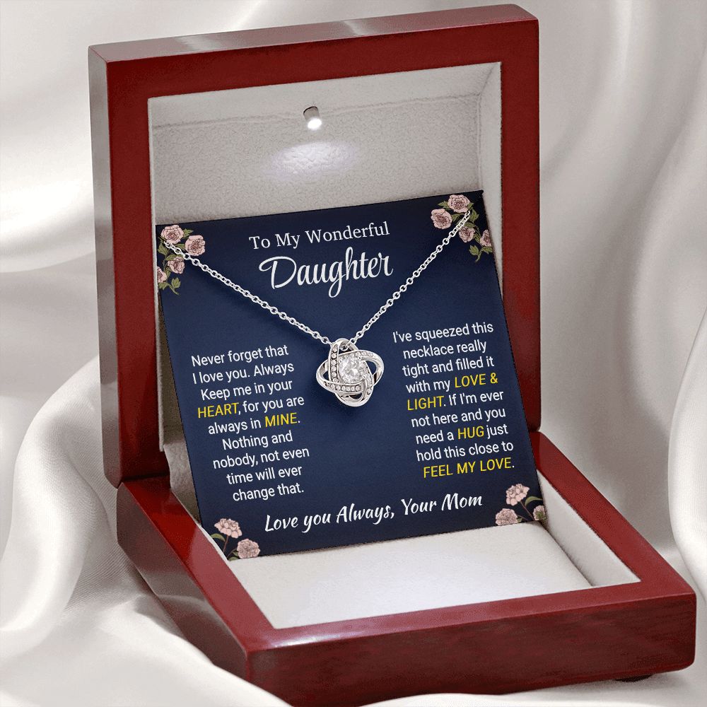 Daughter - Love & Light - Love Knot Necklace - From Mom 14K White Gold Finish Luxury Box Jewelry