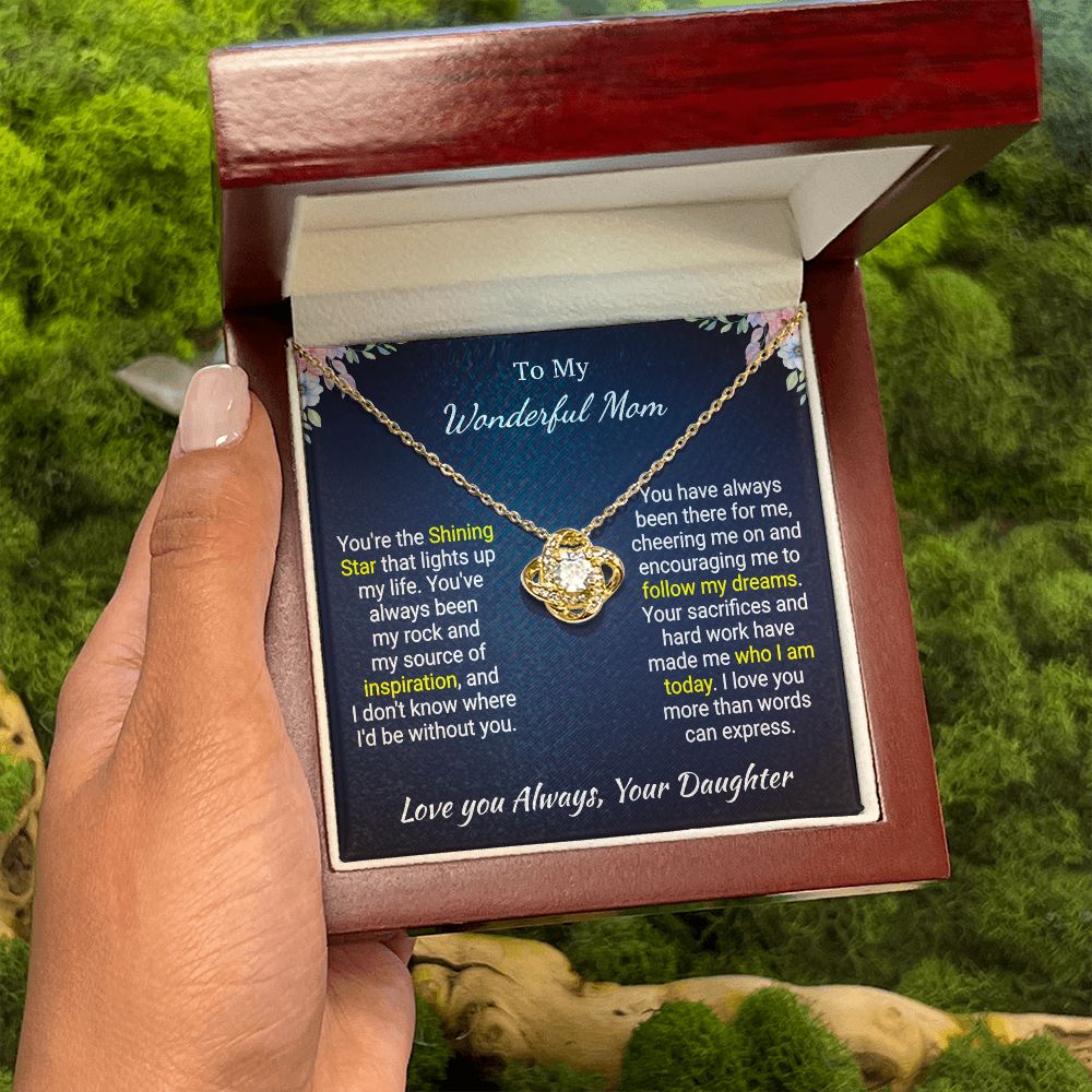 Mom - The Shining Star - Love Knot Necklace - From daughter - Mothers Day Gift 14K White Gold Finish Luxury Box Jewelry