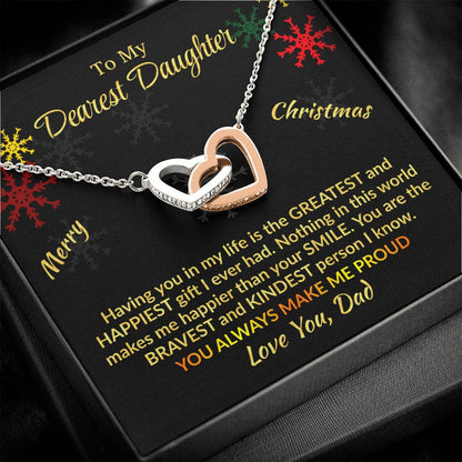 Daughter - Bravest and Kindest - Interlocking Hearts Necklace - From Dad - Christmas Gift Polished Stainless Steel & Rose Gold Finish Standard Box Jewelry