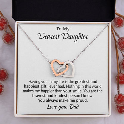 Daughter - Greatest and Happiest - Interlocking Hearts Necklace - From Dad Polished Stainless Steel & Rose Gold Finish Standard Box Jewelry