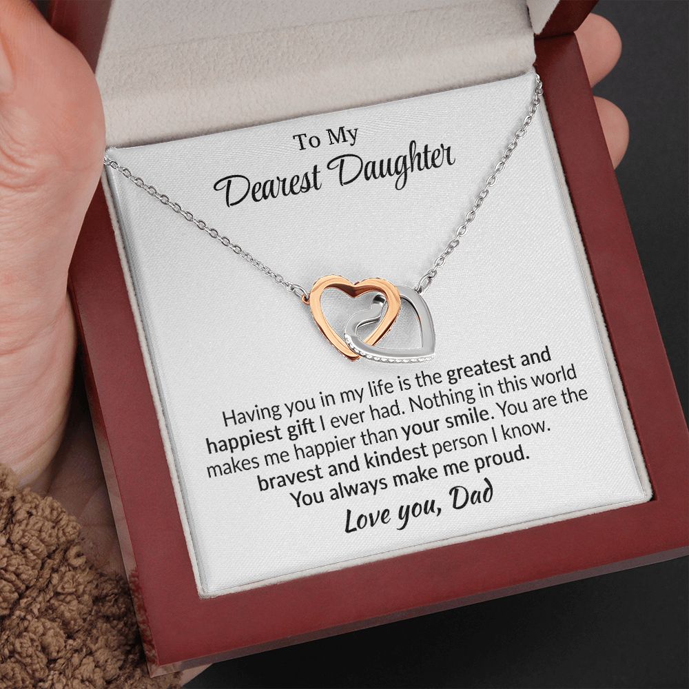 Daughter - Greatest and Happiest - Interlocking Hearts Necklace - From Dad Polished Stainless Steel & Rose Gold Finish Luxury Box Jewelry